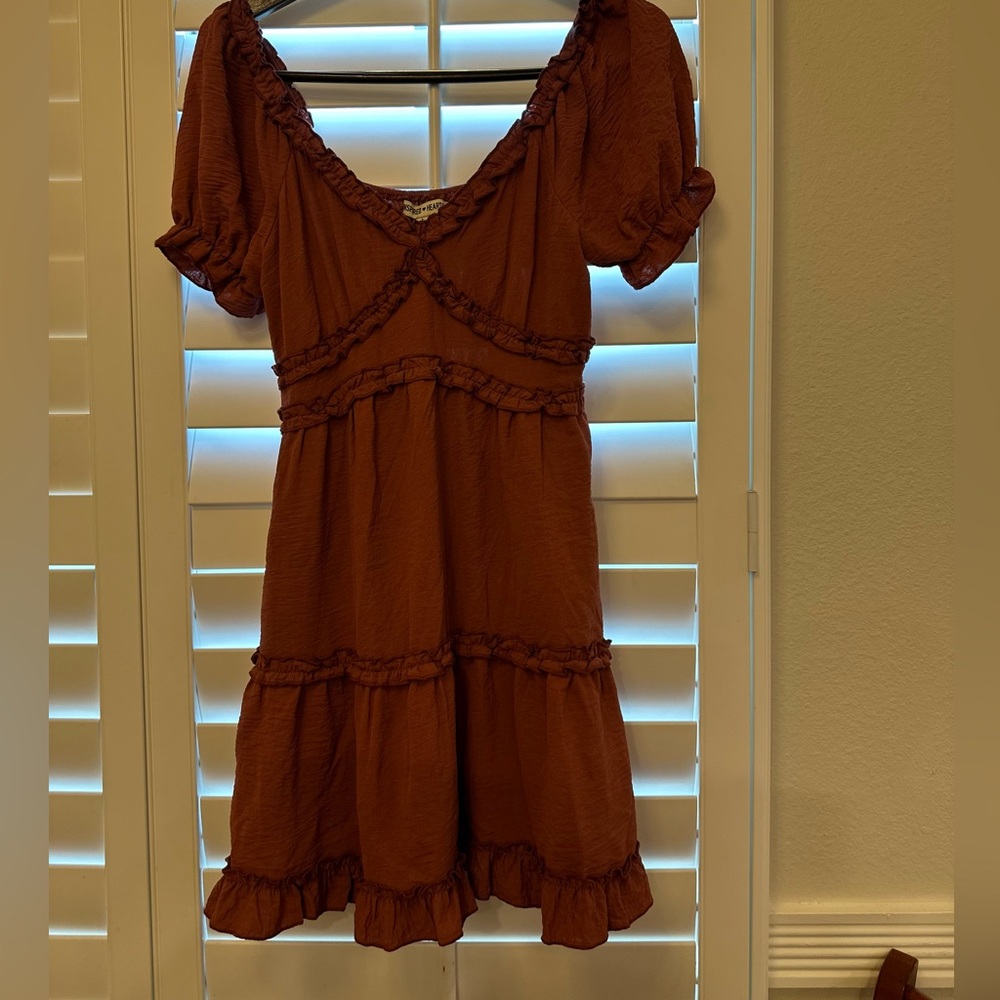 Inspired Hearts Rust Ruffle Short Sleeve Babydoll Dress Size L